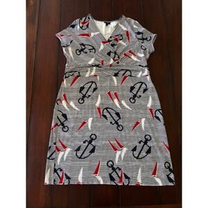 Talbots Petite 1X Nautical Dress Anchor Stripe Faux Wrap V-Neck Knit Knee Length